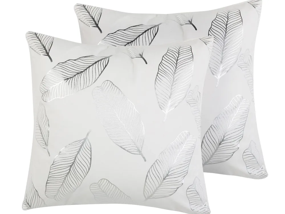 Tekstiilit<Beliani 2 Kpl Koristetyynysetti Lehtikuviolla 45X45Cm Valkoinen Ja Hopea Freesia