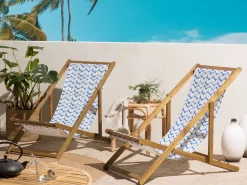 Discount Beliani Aurinkotuoli Vaalea Akaasia Vaihtokankaat Luonnonvalkoinen/Sinivalkoinen Siksak 2 Kpl Anzio