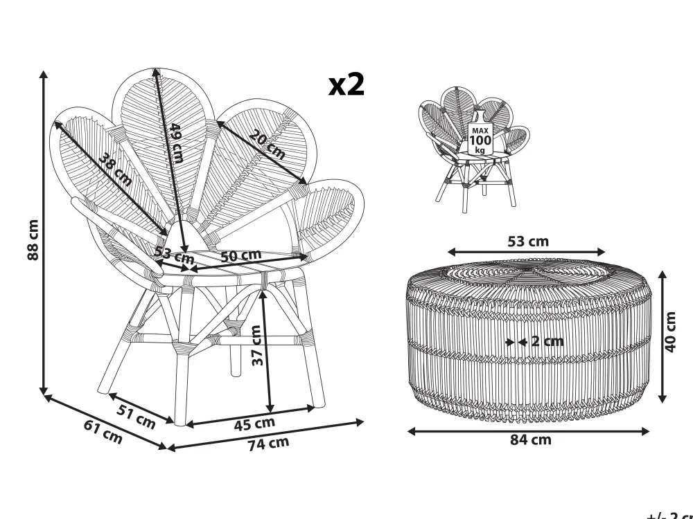 Ulkokalusteet<Beliani 2-Istuttava Bistrosetti Rottinki Luonnonvari Florentine Ii/Limni