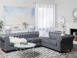 Sohvat<Beliani 6-Istuttava Kulmasohva Kangas Vasenk. Vaaleanharmaa Chesterfield