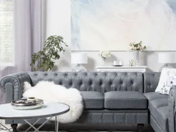 Sohvat<Beliani 6-Istuttava Kulmasohva Kangas Vasenk. Vaaleanharmaa Chesterfield