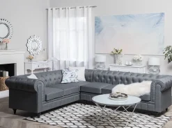 Flash Sale Beliani 6-Istuttava Kulmasohva Kangas Oikeak. Vaaleanharmaa Chesterfield