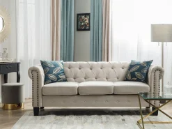 Store Beliani 3-Istuttava Sohva Kangas Beige Keskikokoinen Chesterfield