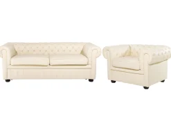 Store Beliani 4-Istuttava Sohvaryhma Nahka Kermanvalkoinen Chesterfield