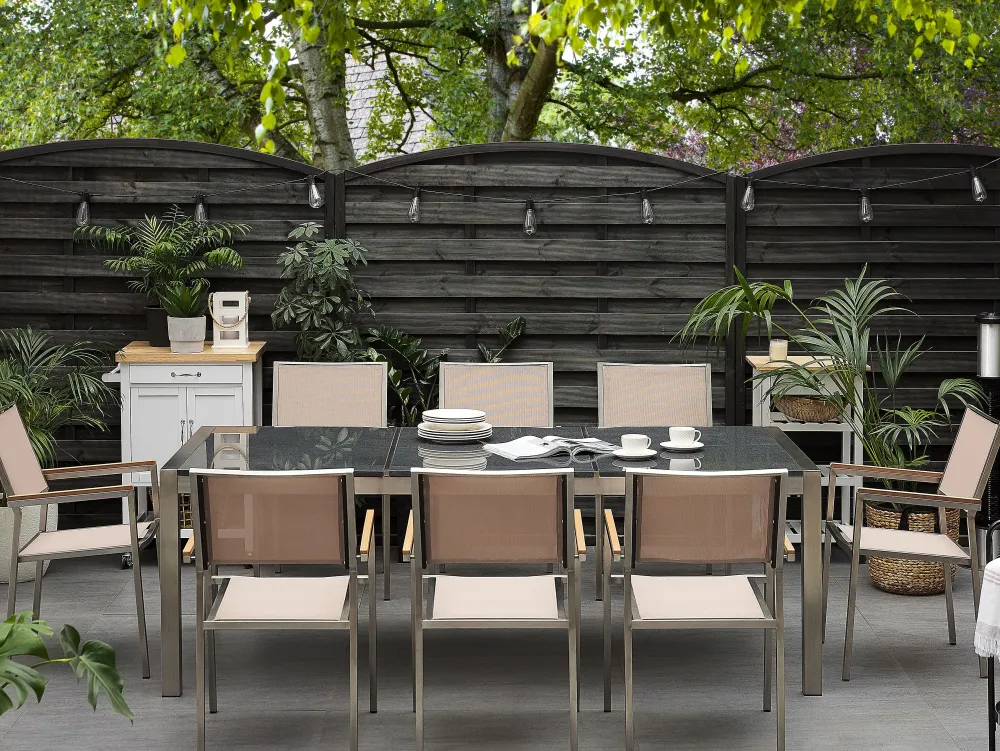 Ulkokalusteet<Beliani 8-Istuttava Ulkoruokailuryhma 3-Osainen Graniittitaso Tekstiilituolit Harmaa/Beige Grosseto