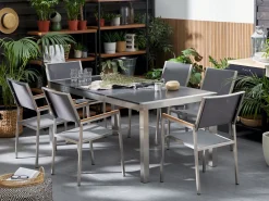 Ulkokalusteet<Beliani 6-Istuttava Ulkoruokailuryhma Poltettu Graniittitaso Tekstiilituolit Musta/Harmaa Grosseto