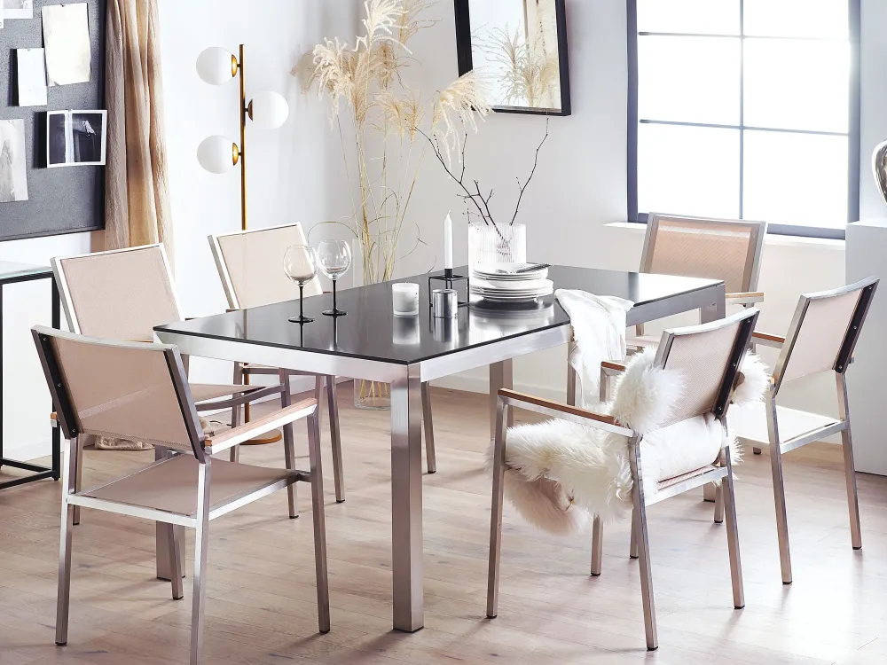 Ulkokalusteet<Beliani 6-Istuttava Ulkoruokailuryhma Graniittitaso Tekstiilituolit Musta/Beige Grosseto