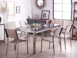 Ulkokalusteet<Beliani 6-Istuttava Ulkoruokailuryhma 3-Osainen Graniittitaso Tekstiilituolit Musta/Beige Grosseto