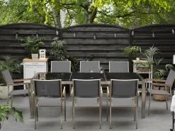 Best Sale Beliani 8-Istuttava Ulkoruokailuryhma 3-Osainen Graniittitaso Tekstiilituolit Musta/Harmaa Grosseto