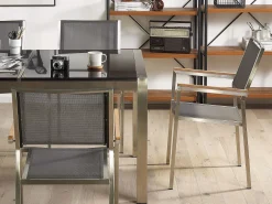 Ulkokalusteet<Beliani 6-Istuttava Ulkoruokailuryhma 3-Osainen Graniittitaso Ja Tekstiilituolit Harmaa Grosseto