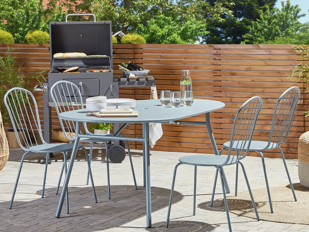 Ulkokalusteet<Beliani 4-Istuttava Ulkoruokailuryhma Aurinkovarjolla Teras Vaaleansininen Calvi