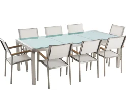 Cheap Beliani 8-Istuttava Ulkoruokailuryhma 3-Osainen Lasitaso Tekstiilituolit Valkoinen Grosseto