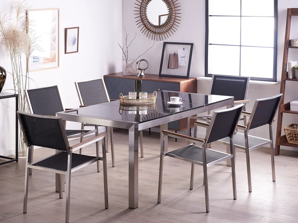 Store Beliani 6-Istuttava Ulkoruokailuryhma 3-Osainen Graniittitaso Tekstiilituolit Musta Grosseto