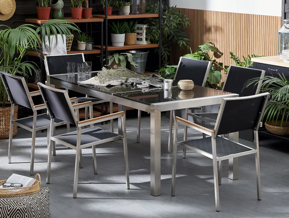 Ulkokalusteet<Beliani 6-Istuttava Ulkoruokailuryhma Poltettu Graniittitaso Tekstiilituolit Musta Grosseto