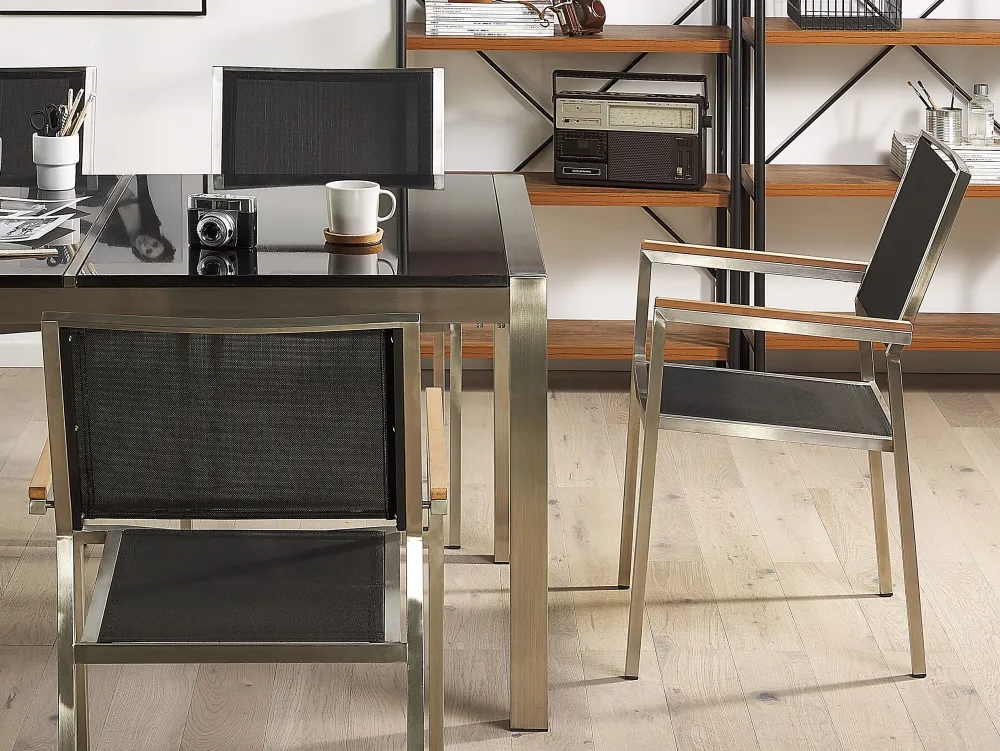 Ulkokalusteet<Beliani 6-Istuttava Ulkoruokailuryhma Poltettu Graniittitaso Tekstiilituolit Musta Grosseto