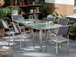 Ulkokalusteet<Beliani 6-Istuttava Ulkoruokailuryhma 3-Osainen Lasitaso Tekstiilituolit Harmaa Grosseto