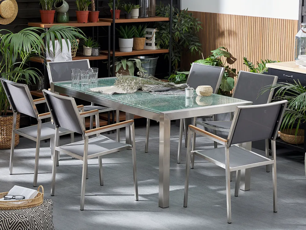 Ulkokalusteet<Beliani 6-Istuttava Ulkoruokailuryhma 3-Osainen Lasitaso Tekstiilituolit Harmaa Grosseto