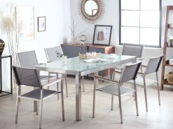 Ulkokalusteet<Beliani 6-Istuttava Ulkoruokailuryhma 3-Osainen Lasitaso Tekstiilituolit Harmaa Grosseto