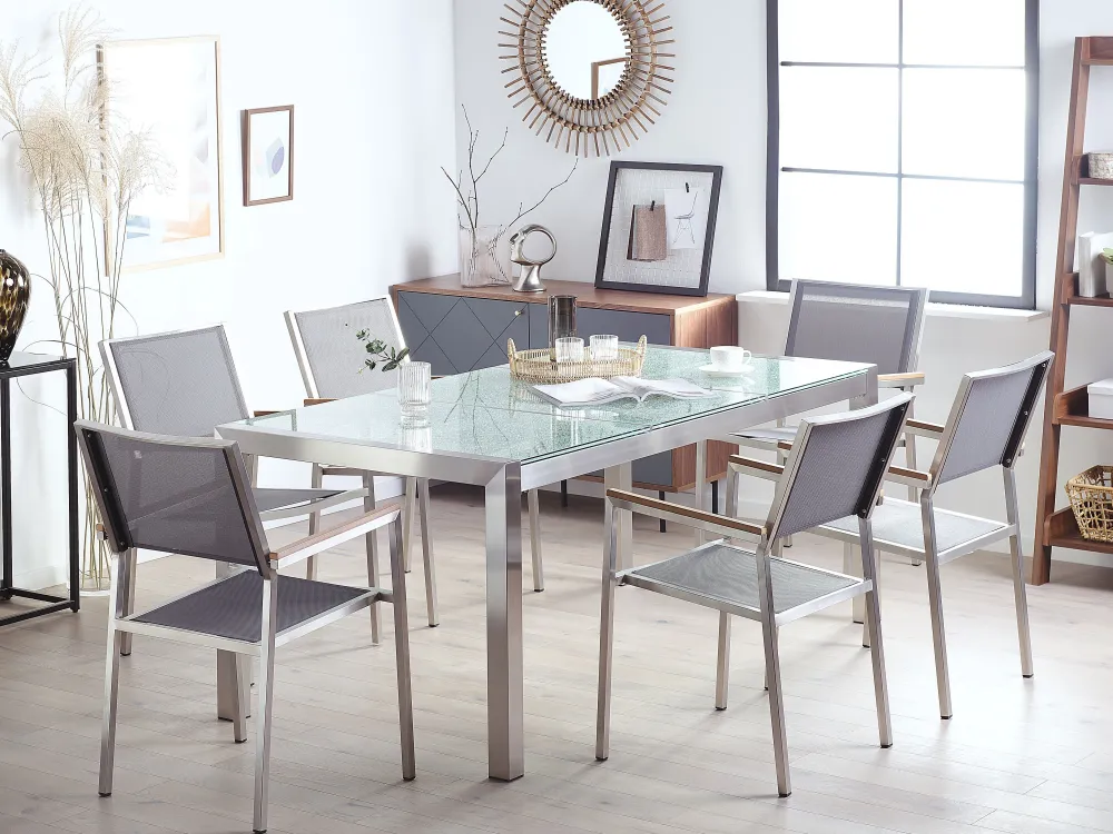 Ulkokalusteet<Beliani 6-Istuttava Ulkoruokailuryhma 3-Osainen Lasitaso Tekstiilituolit Harmaa Grosseto