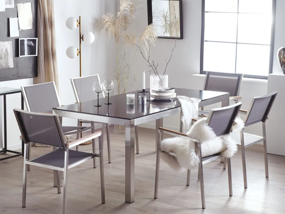 Hot Beliani 6-Istuttava Ulkoruokailuryhma Lasitaso Tekstiilituolit Musta/Harmaa Grosseto