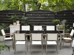 Ulkokalusteet<Beliani 8-Istuttava Ulkoruokailuryhma 3-Osainen Graniittitaso Tekstiilituolit Musta/Valkoinen Grosseto