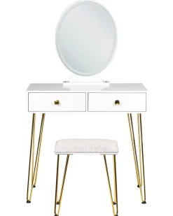 Säilytys<Beliani Kampauspoyta 2 Laatikkoa Led-Peili Jakkara Valkoinen/Kulta Caen