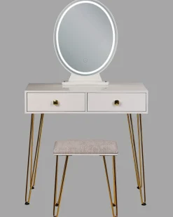 Säilytys<Beliani Kampauspoyta 2 Laatikkoa Led-Peili Jakkara Valkoinen/Kulta Caen