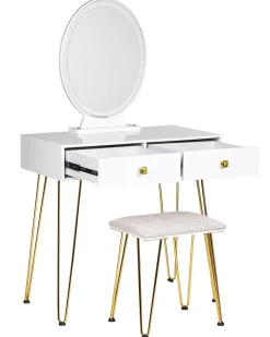 Säilytys<Beliani Kampauspoyta 2 Laatikkoa Led-Peili Jakkara Valkoinen/Kulta Caen