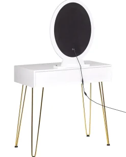 Säilytys<Beliani Kampauspoyta 2 Laatikkoa Led-Peili Jakkara Valkoinen/Kulta Caen