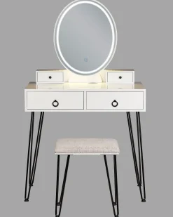 Online Beliani Kampauspoyta 4 Laatikkoa Led-Peili Usb-Portti Jakkara Valkoinen/Musta Soye