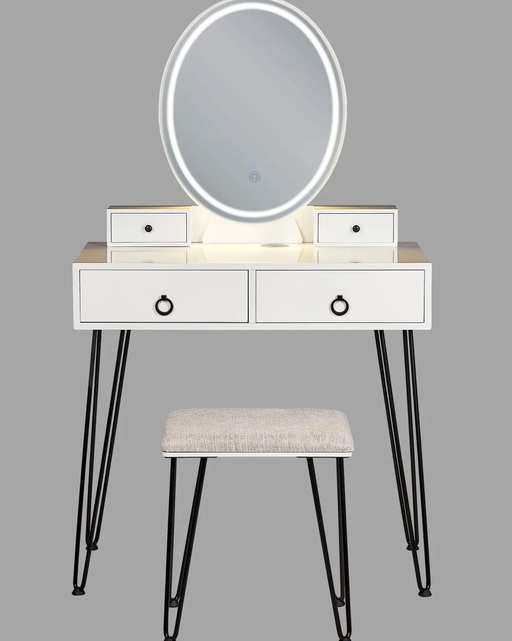 Online Beliani Kampauspoyta 4 Laatikkoa Led-Peili Usb-Portti Jakkara Valkoinen/Musta Soye