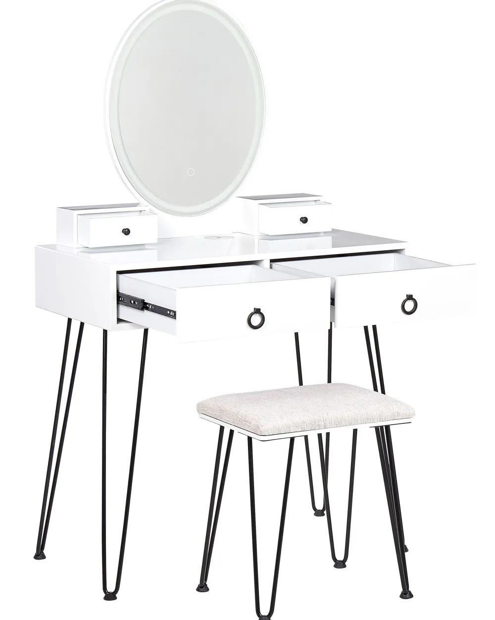 Online Beliani Kampauspoyta 4 Laatikkoa Led-Peili Usb-Portti Jakkara Valkoinen/Musta Soye