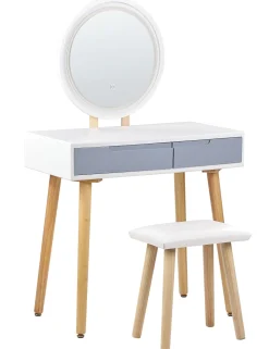 Säilytys<Beliani Kampauspoyta 2 Laatikkoa Led-Peili Jakkara Valkoinen/Harmaa Josselin