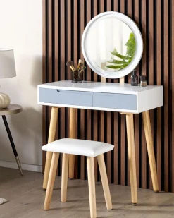 Säilytys<Beliani Kampauspoyta 2 Laatikkoa Led-Peili Jakkara Valkoinen/Harmaa Josselin