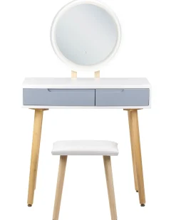 Säilytys<Beliani Kampauspoyta 2 Laatikkoa Led-Peili Jakkara Valkoinen/Harmaa Josselin