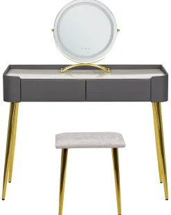 Säilytys<Beliani Kampauspoyta 2 Laatikkoa Led-Peili Jakkara Harmaa/Kulta Surin