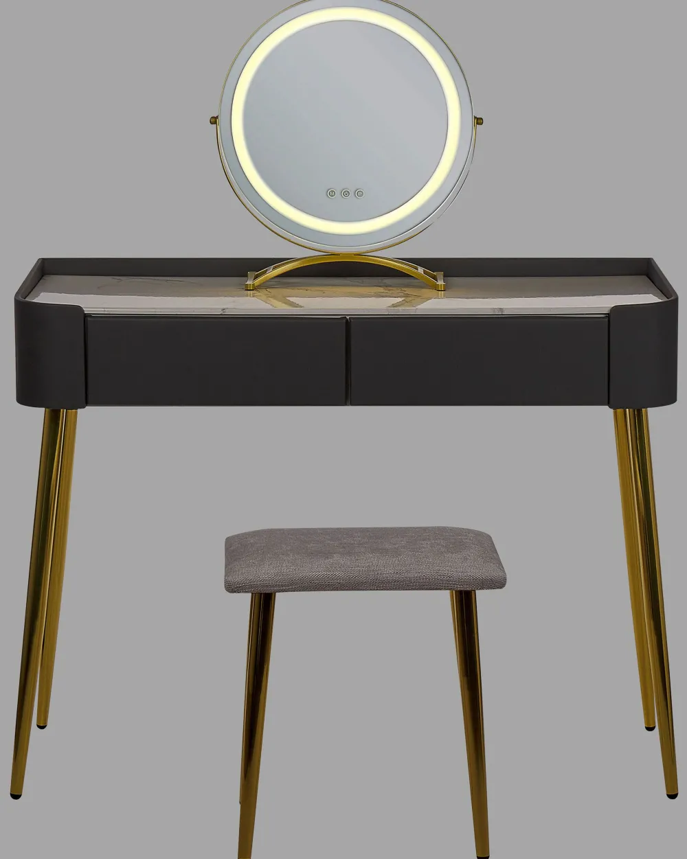 Säilytys<Beliani Kampauspoyta 2 Laatikkoa Led-Peili Jakkara Harmaa/Kulta Surin