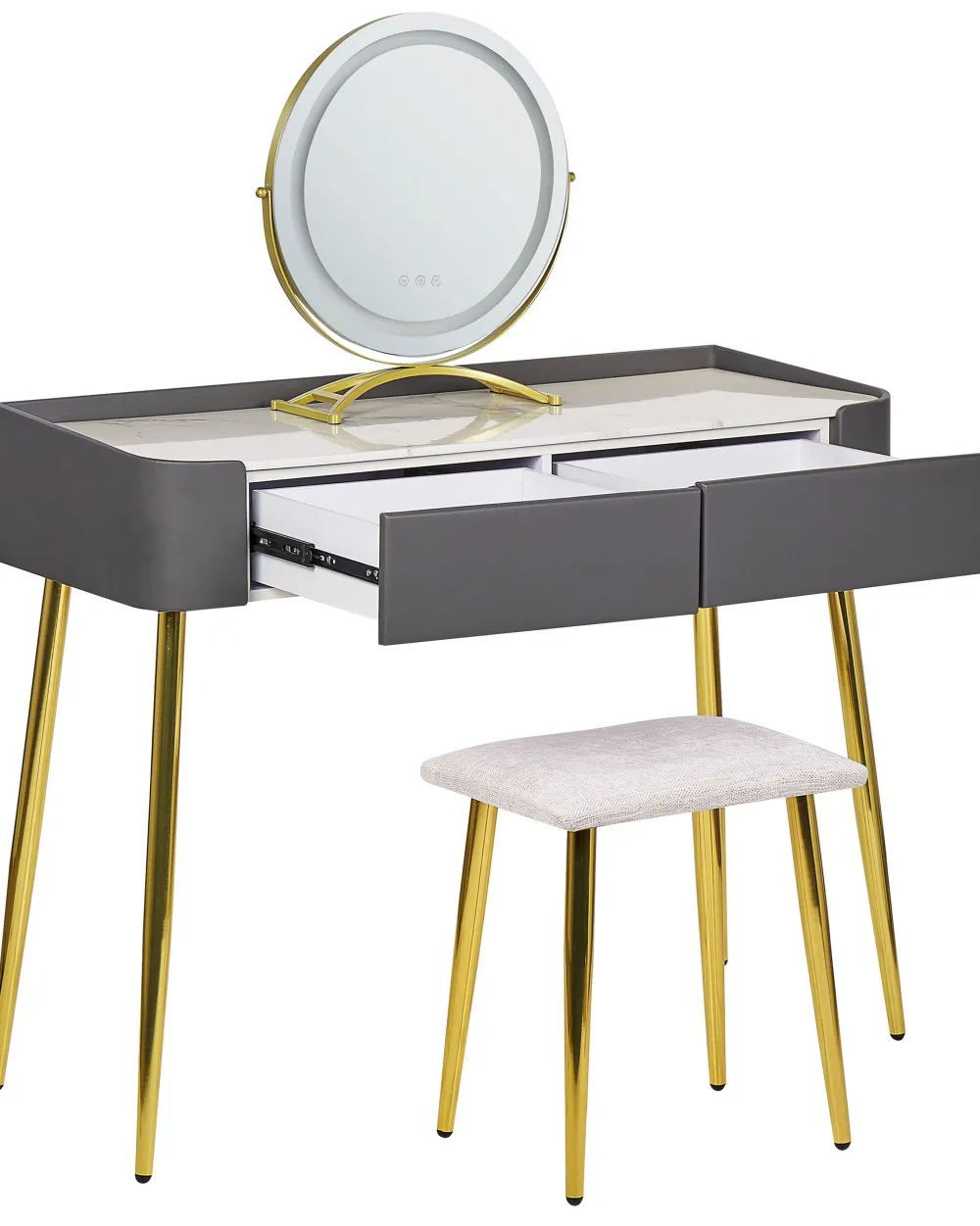 Säilytys<Beliani Kampauspoyta 2 Laatikkoa Led-Peili Jakkara Harmaa/Kulta Surin