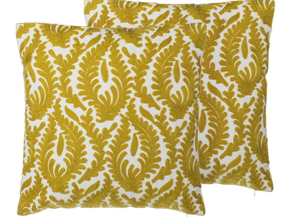 Clearance Beliani Koristetyyny Puuvilla Keltainen Kirjailtu 45 X 45 Cm 2 Kpl Primula