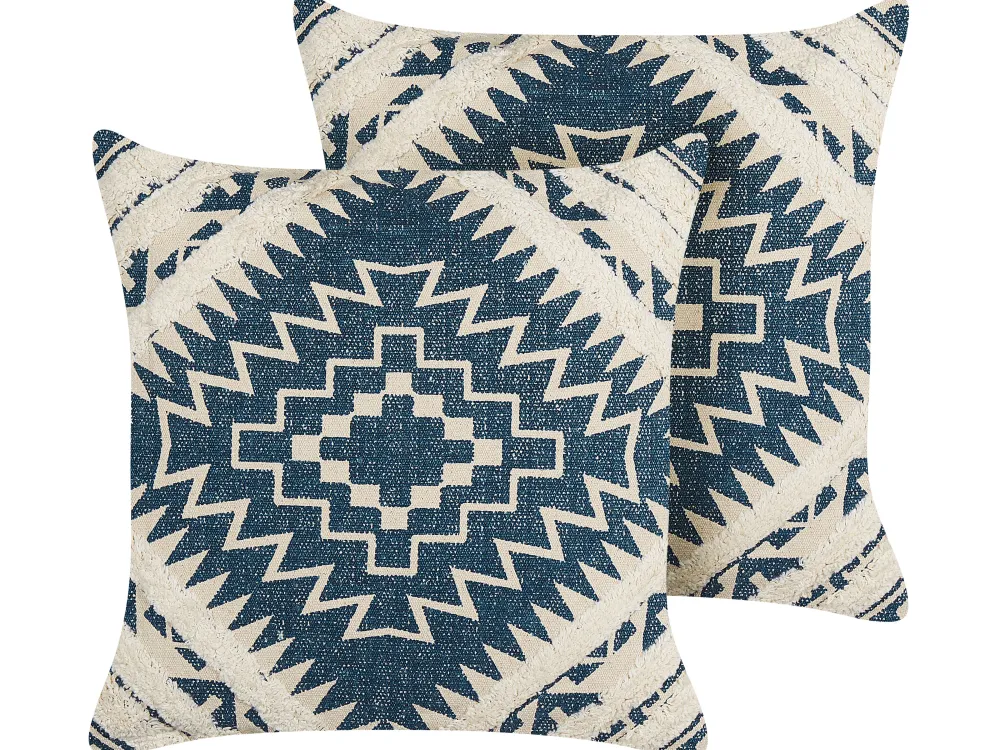 Clearance Beliani Koristetyyny Puuvilla Sininen/Beige Geometrinen Kuvio 50 X 50 Cm 2 Kpl Safi