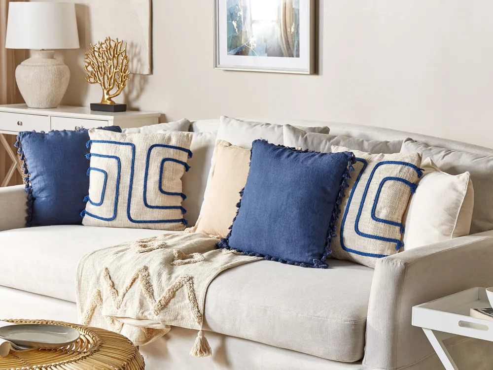 Tekstiilit<Beliani Koristetyyny Puuvilla Vaalea Beige/Laivastonsininen 45 X 45 Cm Pleione