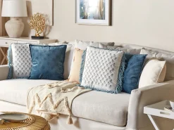 Tekstiilit<Beliani Koristetyyny Puuvilla Valkoinen/Sininen 45 X 45 Cm Pallida