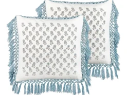 Sale Beliani Koristetyyny Puuvilla Valkoinen/Sininen 45 X 45 Cm 2 Kpl Pallida