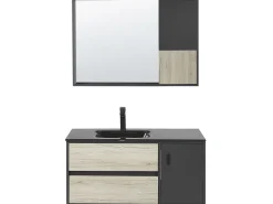 Säilytys<Beliani Kylpyhuoneen Kalusteet 3 Osaa Vaalea Puu/Musta 100 Cm Teruel