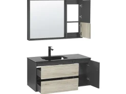 Säilytys<Beliani Kylpyhuoneen Kalusteet 3 Osaa Vaalea Puu/Musta 100 Cm Teruel