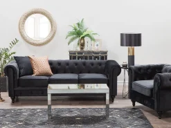 New Beliani Musta 3-Istuttava Samettisohva Chesterfield