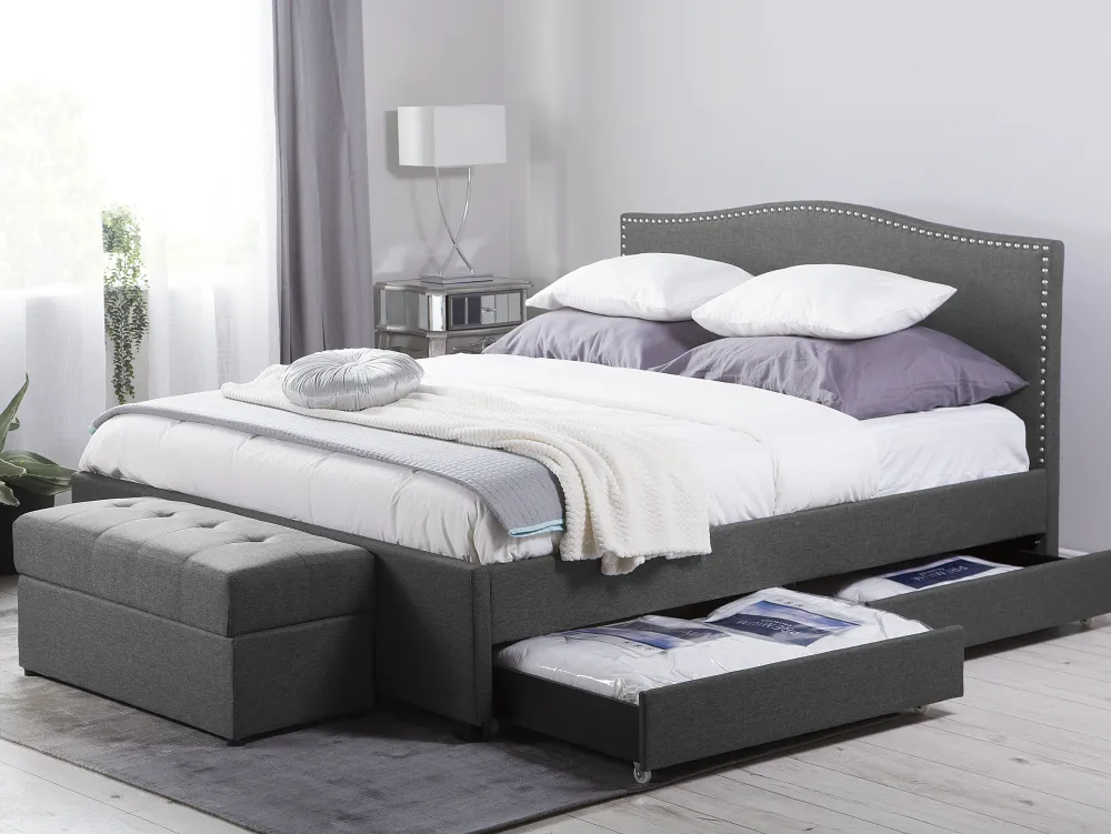 Sängyt<Beliani Parisanky Kangas Säilytystila Vaaleat Led-Valot Tummanharmaa 180 X 200 Cm Montpellier