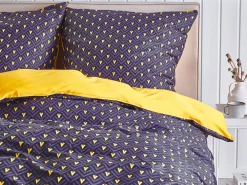 Outlet Beliani Pussilakanasetti Satiinipuuvilla Tummansininen/Keltainen 135 X 200 Cm Wallingford