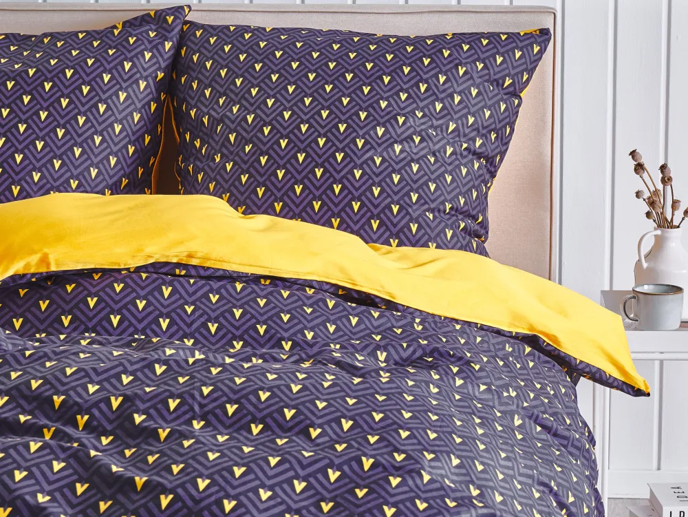 Outlet Beliani Pussilakanasetti Satiinipuuvilla Tummansininen/Keltainen 135 X 200 Cm Wallingford