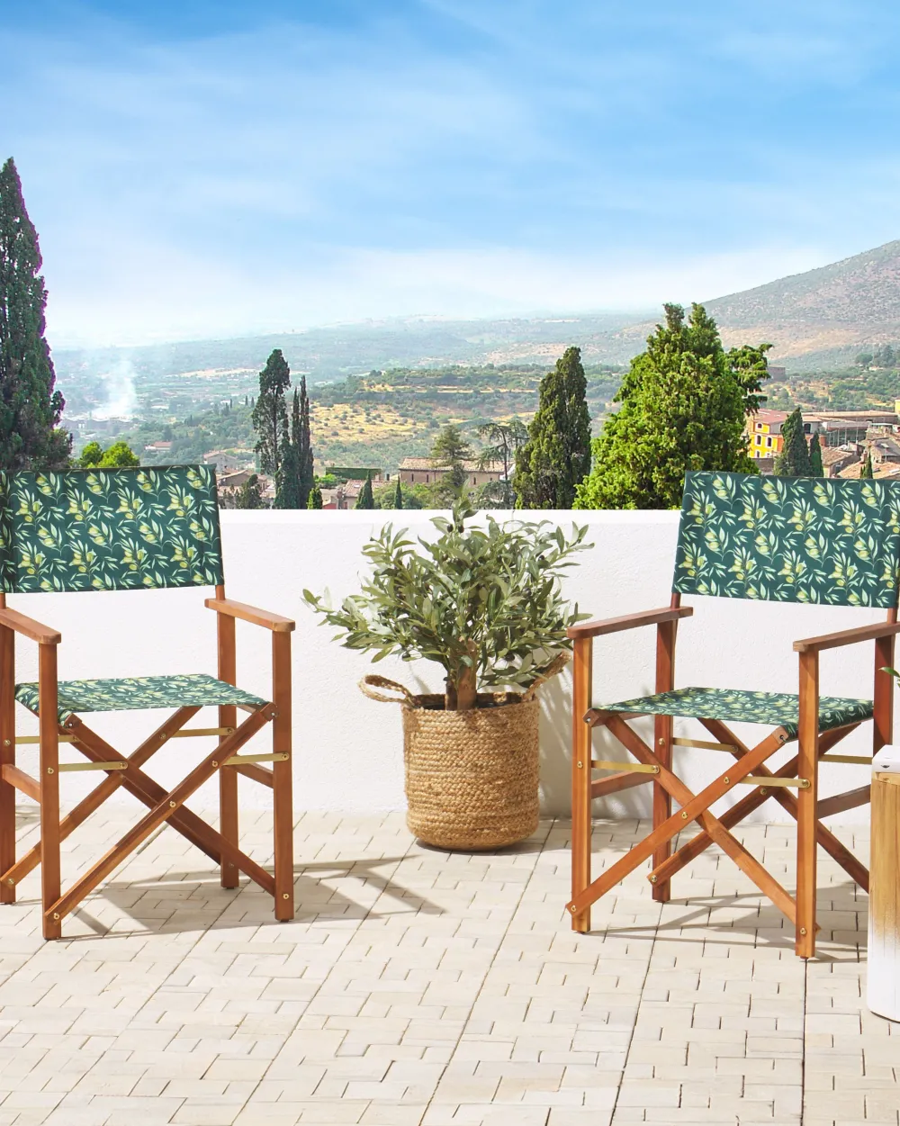 Outlet Beliani Puutarhatuoli Tumma Akasiapuu Vaihtokangas 2 Kpl Luonnonvalkoinen/Oliivikuvio 2 Kpl Cine